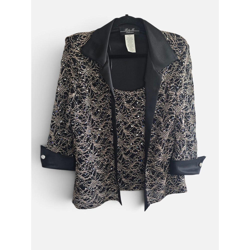 R & M Collection Vintage Black Gold Lace Sparkling Sequin Evening  Blazer Set